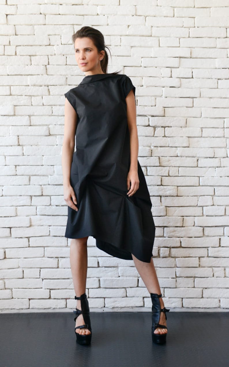 Black Asymmetric Dress / Loose Black Dress / Extravagant Open Back Tunic METD0100 image 9