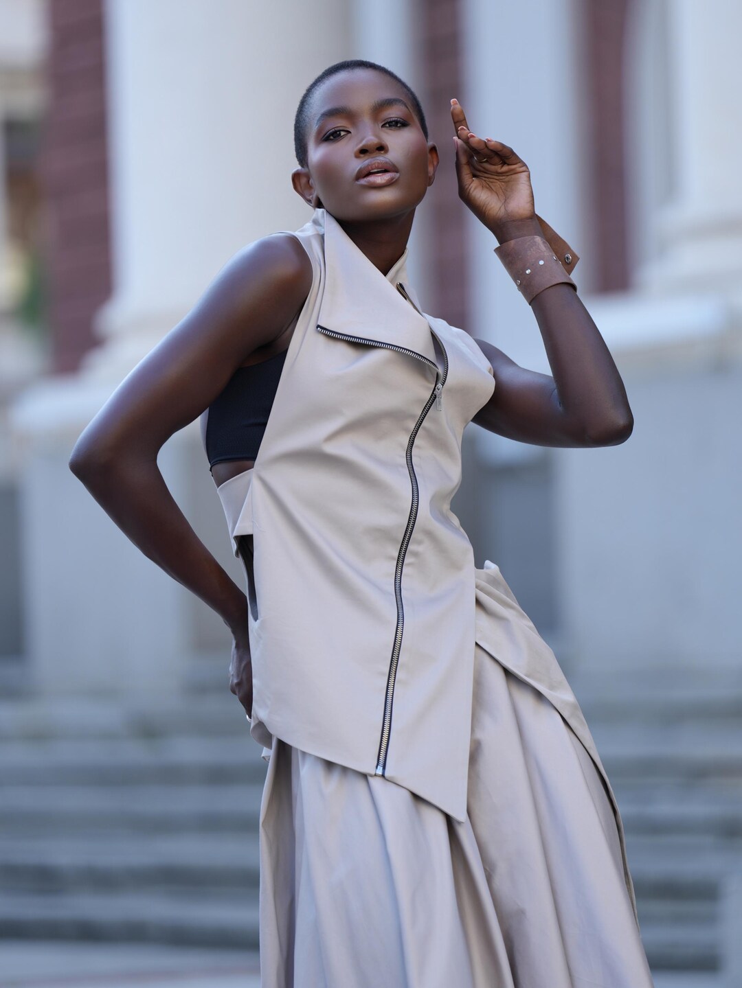 Beige Elegant Zipper Vest/asymmetric Casual Long Top