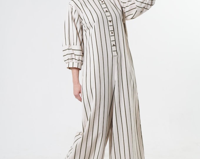 Oversize Jumpsuit on Khaki Stripes / Maxi Free Overall / Linen Cotton Set - METJ0028_Khaki