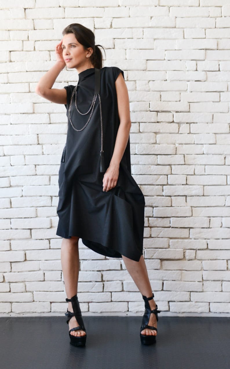 Black Asymmetric Dress / Loose Black Dress / Extravagant Open Back Tunic METD0100 image 3