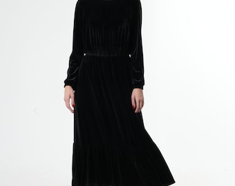 Fall Cocktail Dress / Black Velvet Dress / Black Witch Dress / Holiday Dress Women / Long Black Maxi Dress METD0204