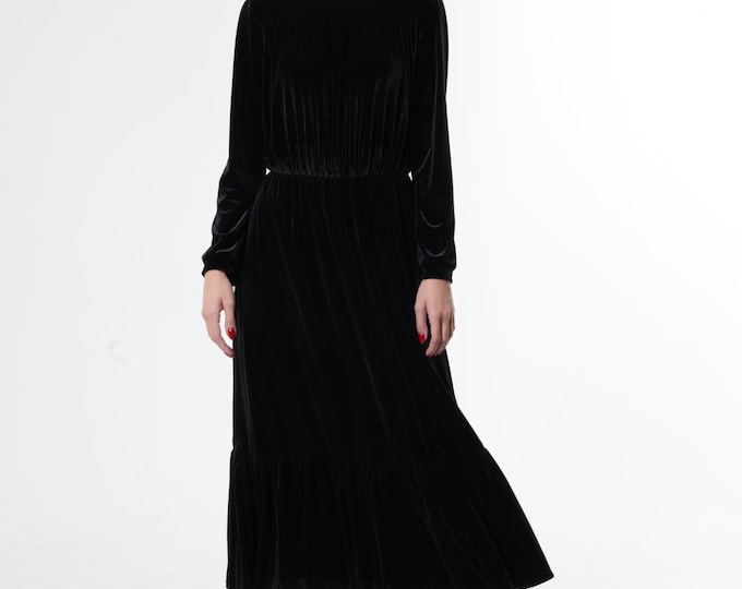 Fall Cocktail Dress / Black Velvet Dress / Black Witch Dress / Holiday Dress Women / Long Black Maxi Dress METD0204