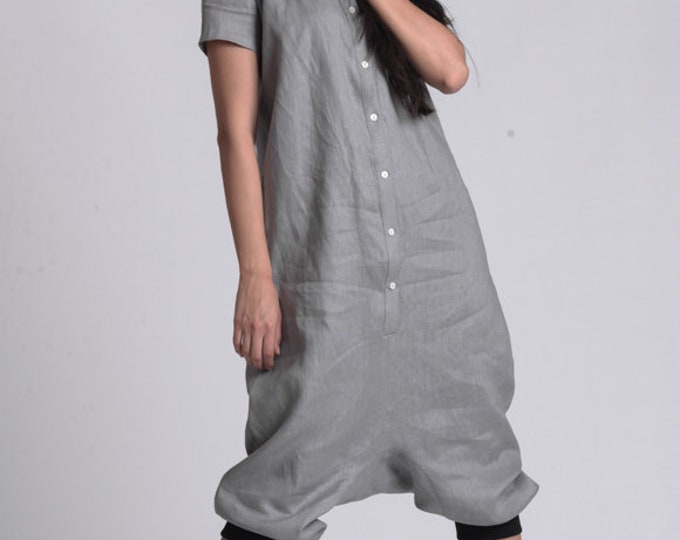 Grey Casual Linen Boho Jumpsuit by METAMORPHOZA