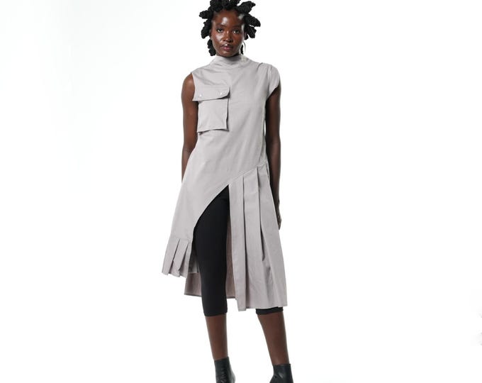 Sleeveless Pleated Tunic With Front Pocket - Avant-garde Long Top METT0305