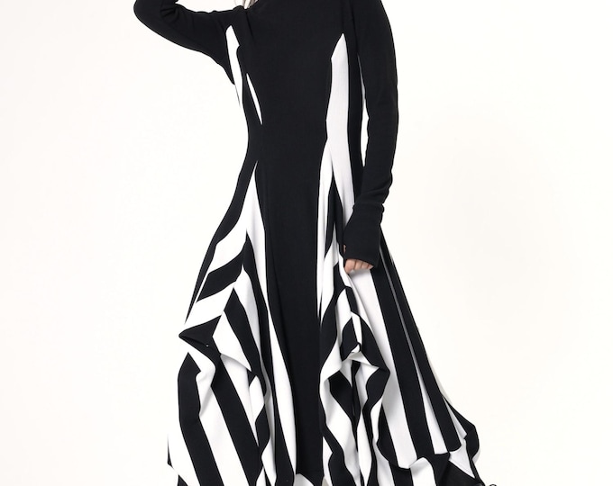 Long Striped Dress In Black and White / Maxi Dress With Drapings METD0244