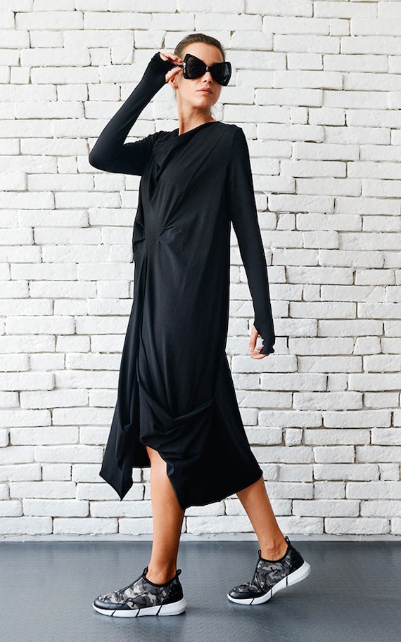Oversize Black Loose Casual Tunic Long Sleeve Maxi Dress