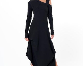Asymmetric Black Dress with Shoulder Cutout / Fit & Flaire Dress / Open Shoulder Dress METD0260