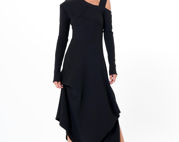 Asymmetric Black Dress with Shoulder Cutout / Fit & Flaire Dress / Open Shoulder Dress METD0260