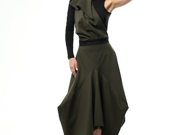 Khaki Pinafore Skirt / Asymmetrical Skirt / Jumpsuit Skirt / Avant Garde Skirt