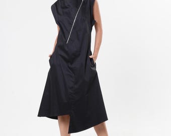 Midi Black Dress / A-line Summer Dress / Satin Cotton Dress METD0252