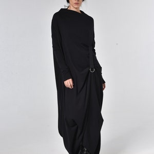 Plus Size Maxi Dress/Alternative Fashion Dress/Black Kaftan/Long Sleeve Asymmetric Tunic/Loose Dress with Metal Ring METD0091
