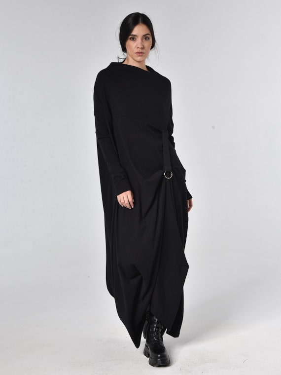 Plus Size Maxi Dress/alternative Fashion Dress/black Kaftan/long Sleeve Asymmetric  Tunic/loose Dress With Metal Ring METD0091 