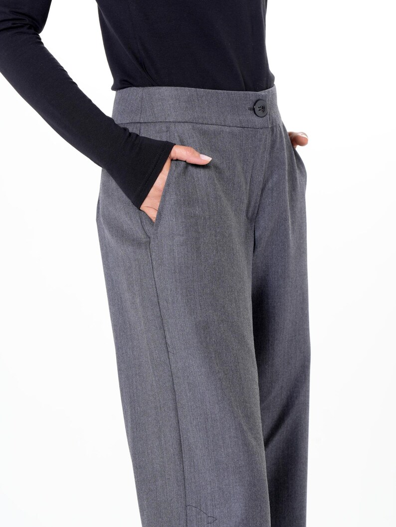 Pantalones grises de pierna ancha/Pantalones largos maxi/Pantalones largos de oficina/Pantalones cómodos para uso diario/Pantalones con bolsillos para mujer/Pantalones casuales holgados METP0019 imagen 8