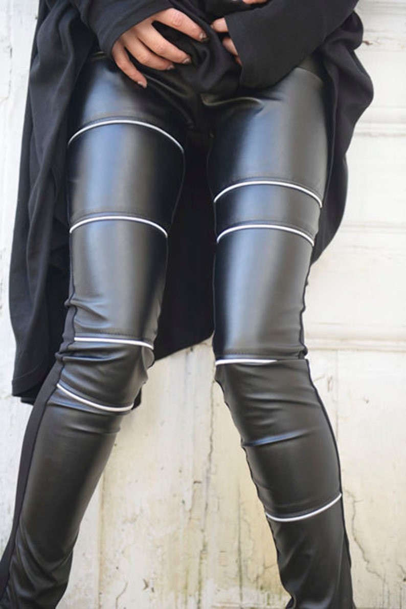 Black Leather Tight Fit Pants/Sexy Zipper Leather image 1