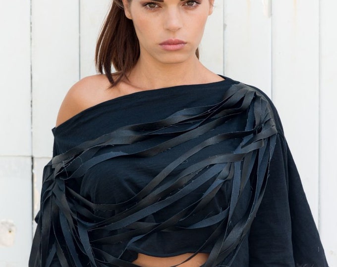 Asymmetrical Top / Gothic Crop Top / Sexy Crop Top / Faux Leather Top / Leather Blouse / Fringe Top / Off the Shoulder Crop Top МЕТТ0007