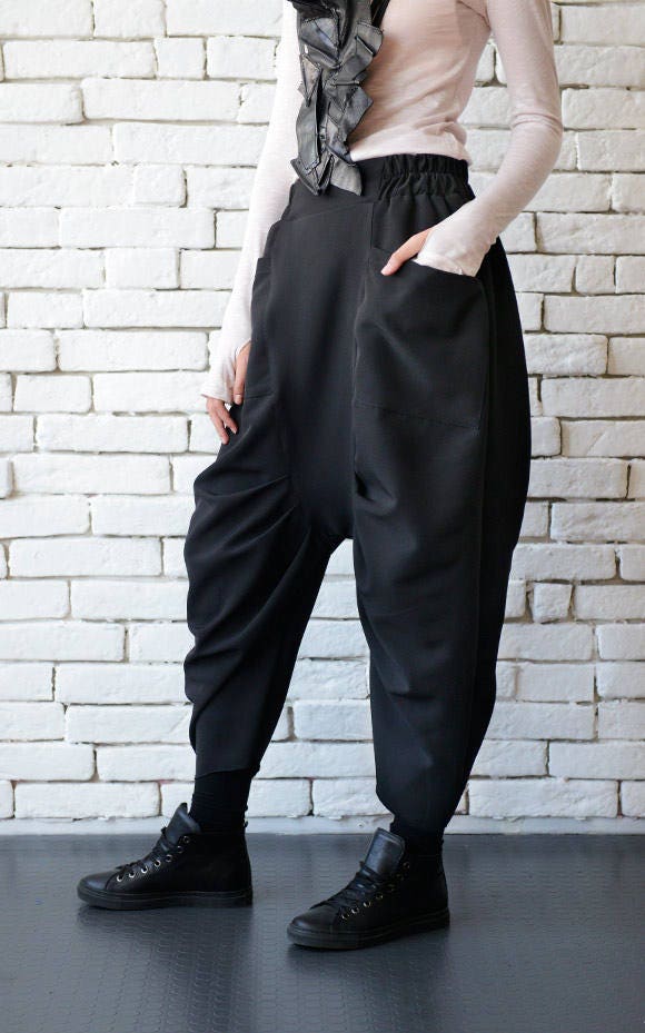 Women Black Drop Crotch Pants, Harem Baggy Loose Pants, 2X 3X 4X