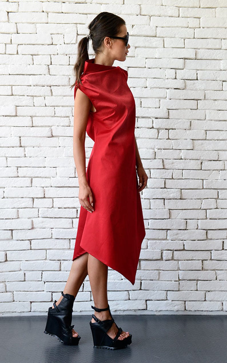 Red Asymmetric Dress/Extravagant Clothing/Casual Summer Dress/Red Sleeveless Dress/Red Long Tunic/Summer Party Dress/Sleeveless Dress image 7