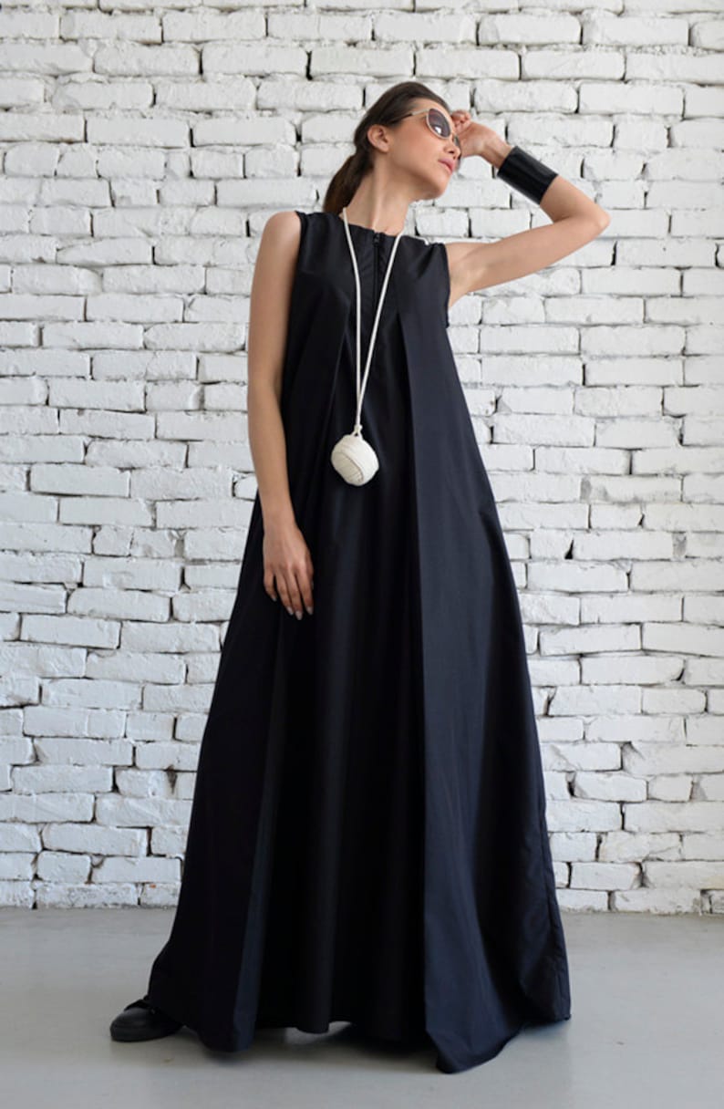 Plus Size Maxi Dress/Loose Kaftan/Casual Sleeveless Dress/Front Zipper Black Dress/Oversize Tunic/No Sleeve Cotton Dress/Everyday Dress image 1