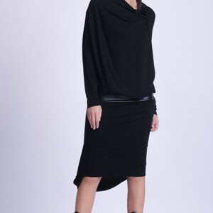 Black Party Dress / Asymmetric Dress with Long Sleeves / Faux Leather Dress / Little Black Dress / Cocktail Black Slip Dress METD0146 image 9