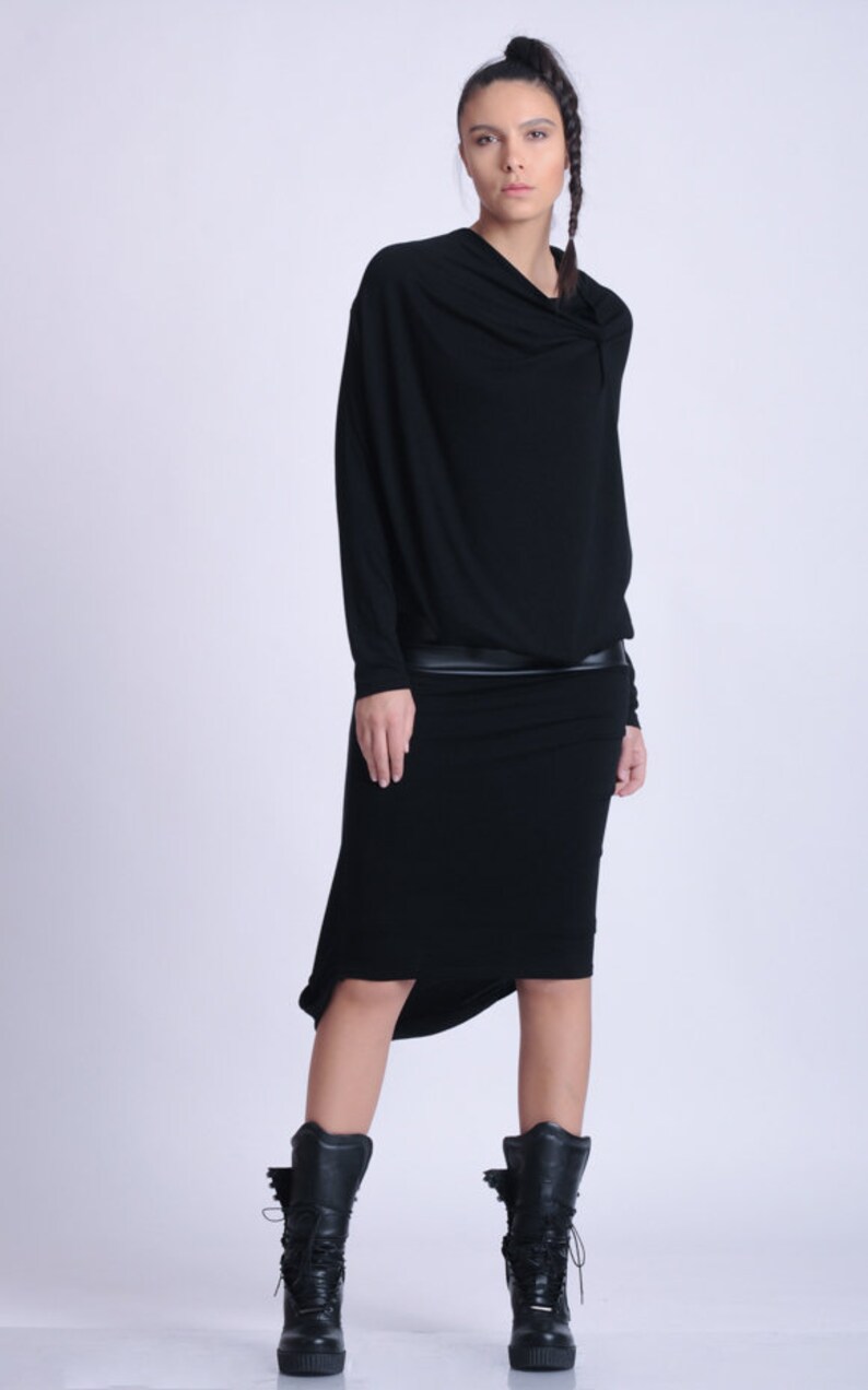 Black Party Dress / Asymmetric Dress with Long Sleeves / Faux Leather Dress / Little Black Dress / Cocktail Black Slip Dress METD0146 image 9