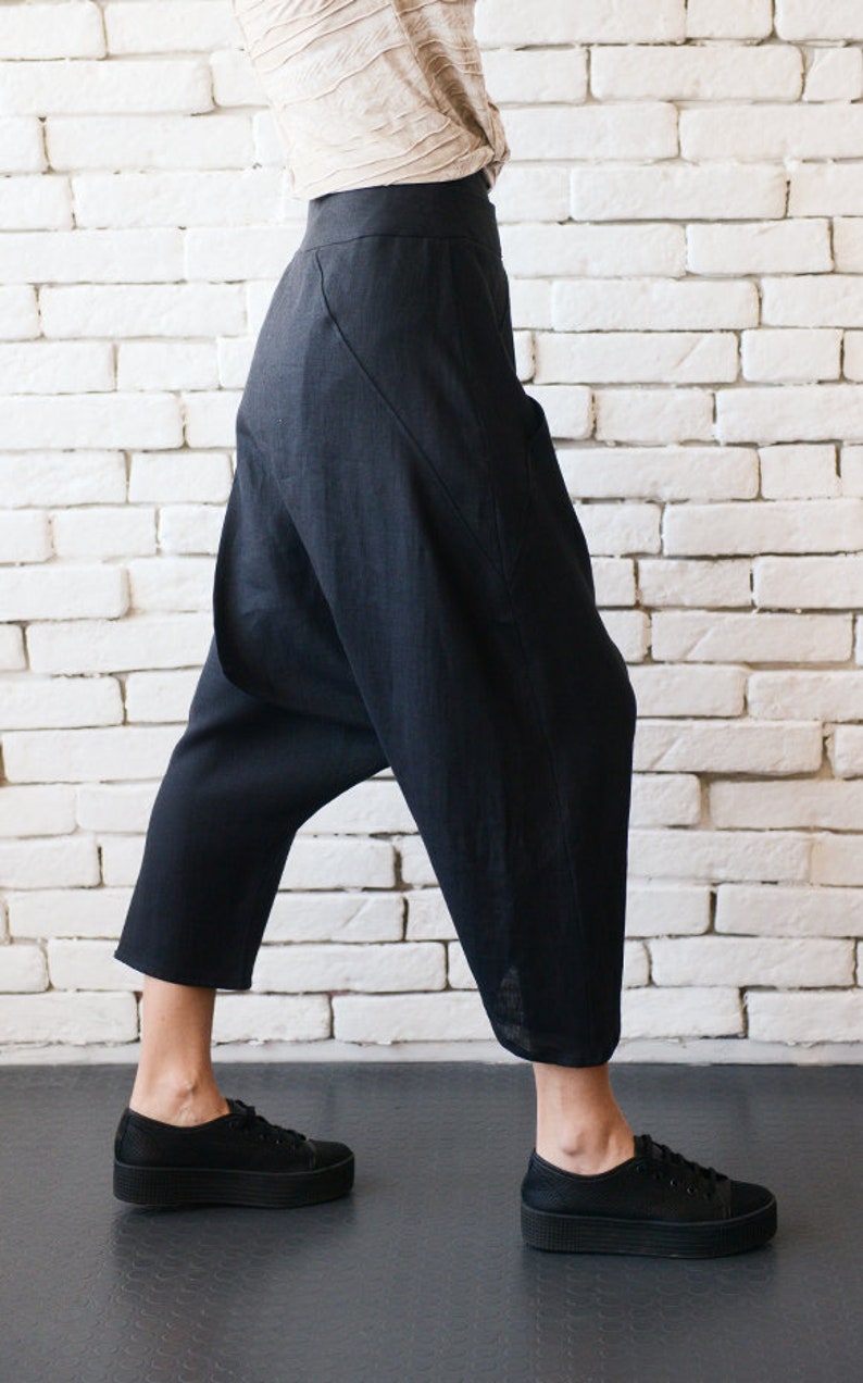 Black Linen Pants/asymmetric Loose Pants/linen Capris/loose - Etsy