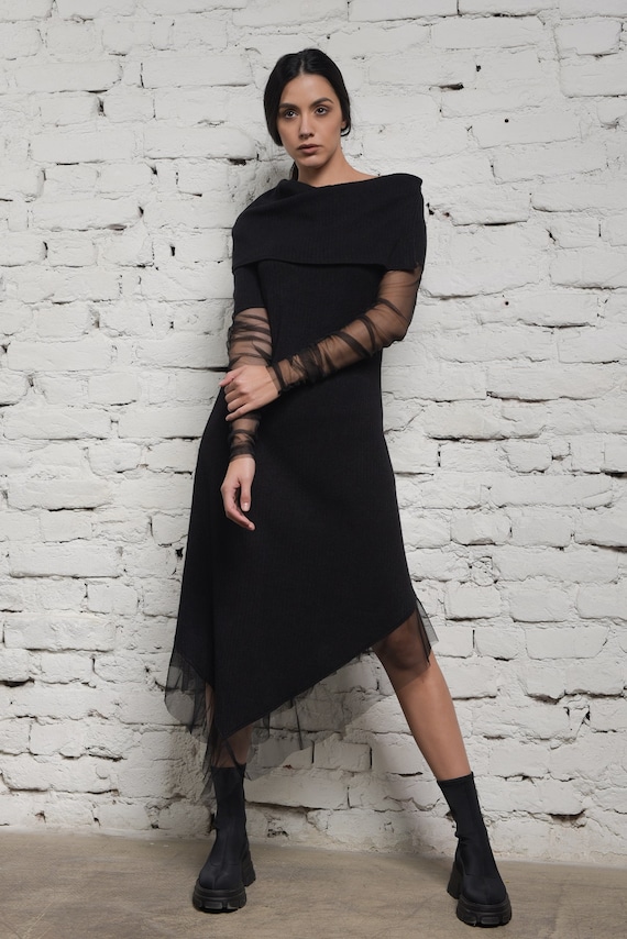 Knitted Dress With Tulle Sleeves / Asymmetrical Black Dress METD0210