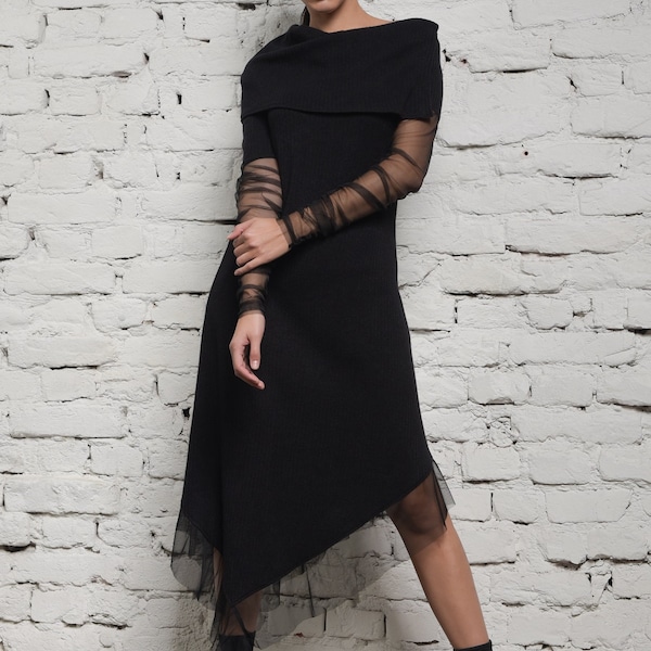 Girls Knitted Dress / Long Sleeve Dress / Mesh Bodycon Dress / Black Evening Dress / Asymmetrical Dress / Avant Garde Dress