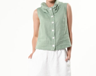 Buttoned Sleeveless Linen Top In Green - METT0259