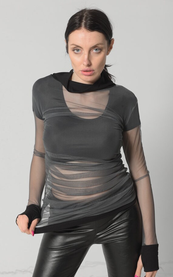 See Through Top / Black Sheer Top / Mesh Blouse / Fitted Long - Etsy
