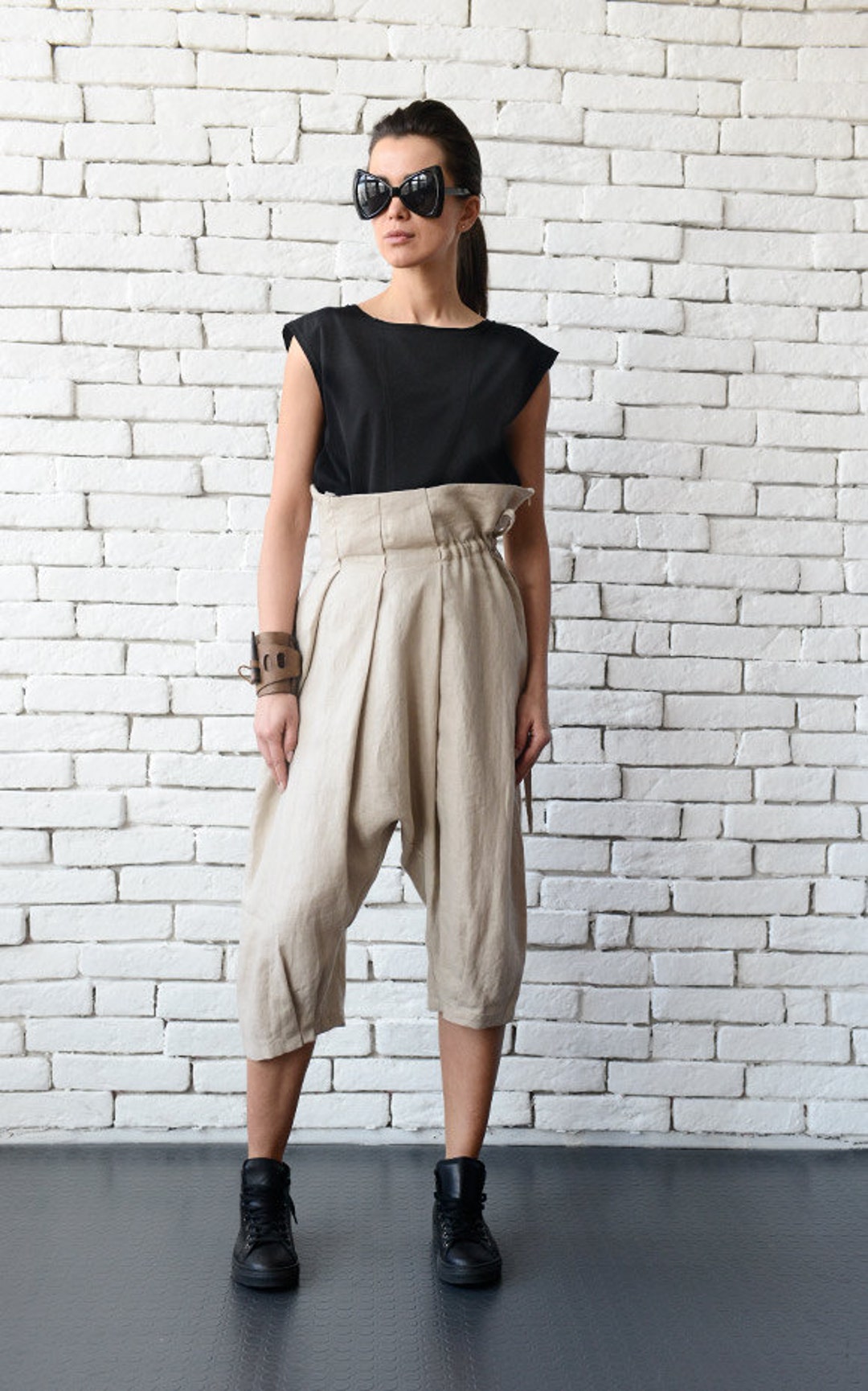 Beige Linen Pants/maxi Draped Trousers/loose Pants/drop Crotch