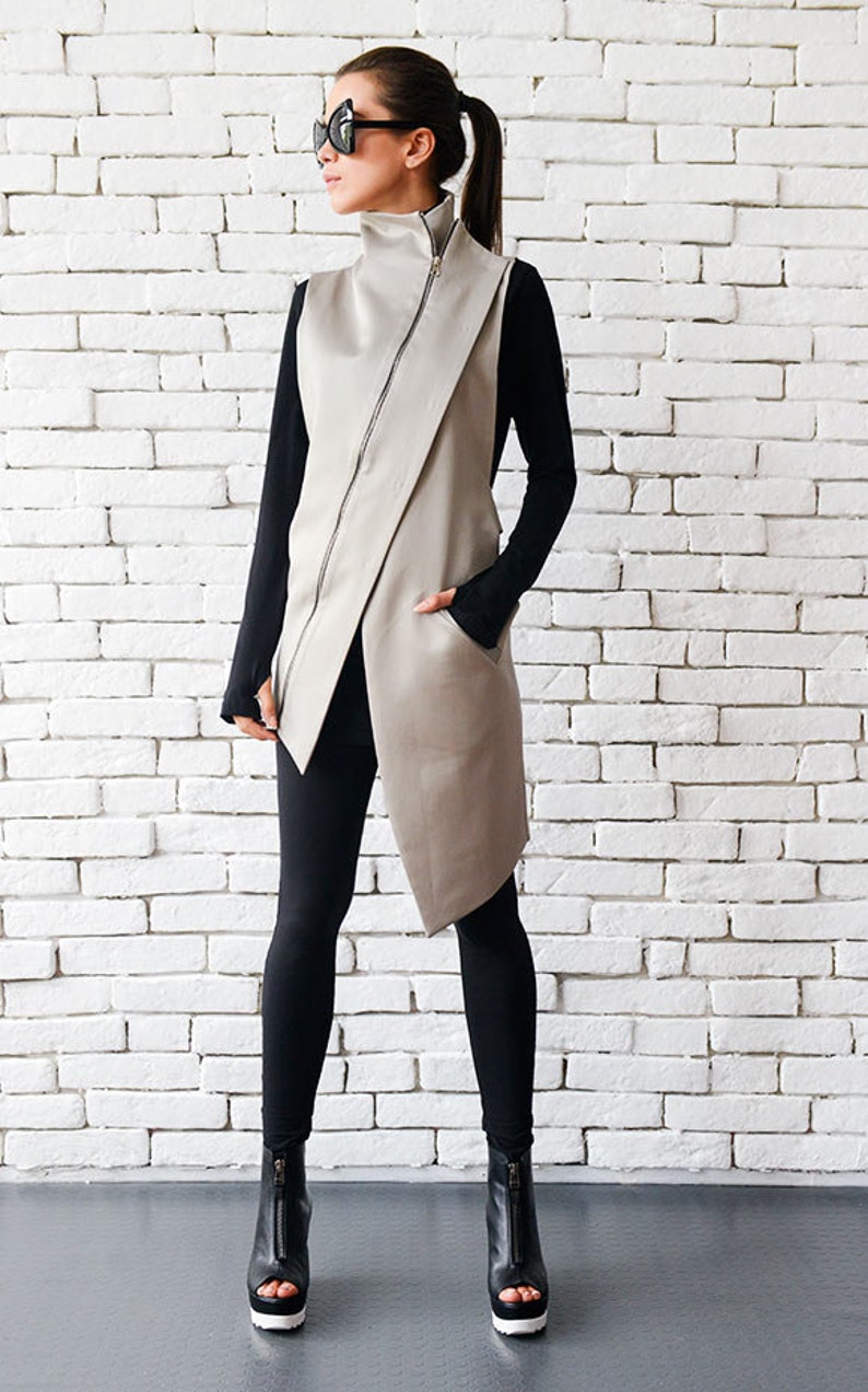 Beige Elegant Zipper Vest/Asymmetric Casual Long Top/Extravagant Dinner Tunic/Sleeveless Beige Coat/Sleeveless Mockneck Top METT0049 image 1