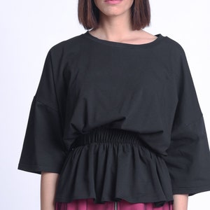 Elastic Waist Black Top/Oversize Casual Top/Black Maxi Tunic/Comfortable Everyday Top/Plus Size Maxi Shirt/Loose Black Shirt METT0168