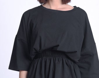 Elastic Waist Black Top/Oversize Casual Top/Black Maxi Tunic/Comfortable Everyday Top/Plus Size Maxi Shirt/Loose Black Shirt METT0168