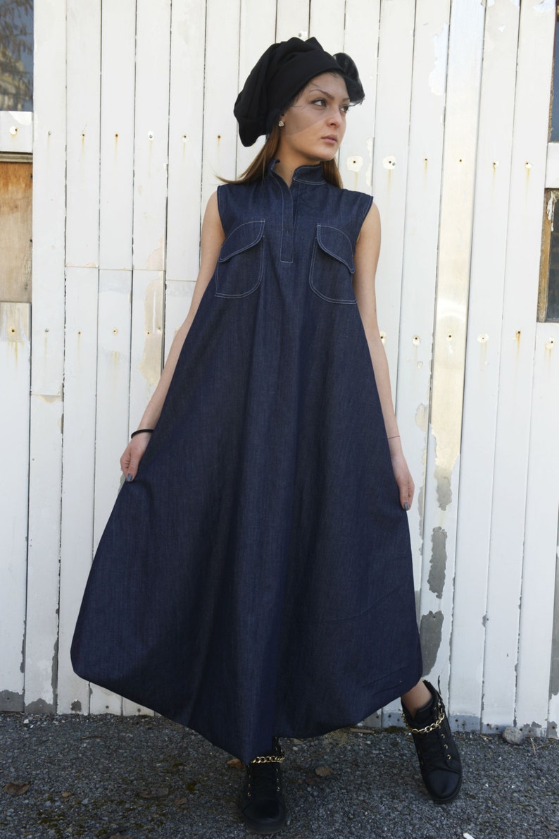 Denim Maxi Dress Blue Jean Dress Dark Blue Kaftan Etsy