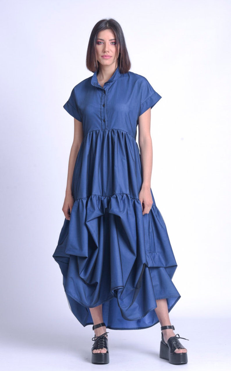 Blue Loose DressAsymmetric Casual Maxi DressOversize Short Sleeve DressPlus Size DressBlue Shirt DressHigh Waist Dress METD0154