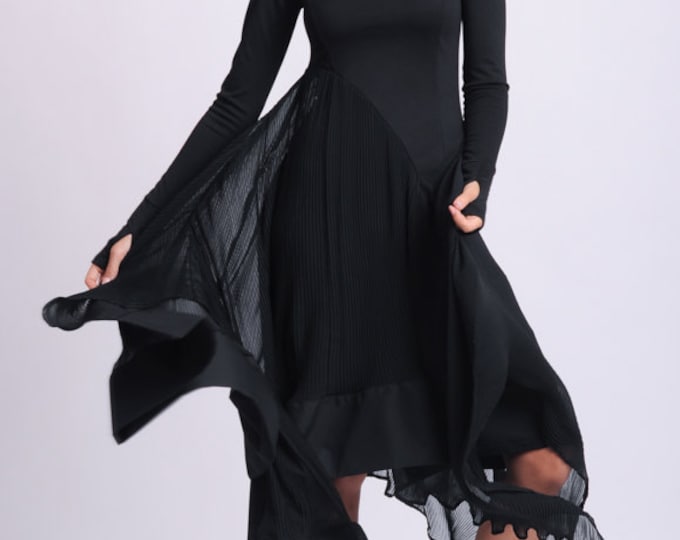 Pleated Chiffon Dress / Black Pleated Dress / Plus Size Goth Dress / Formal Goth Dress / Witch Dress / Long Sleeve Goth Dress / Metamorphoza