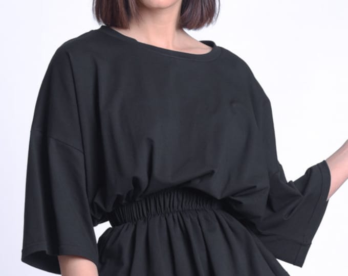 Loose Black Blouse/Elastic Waist Casual Top/Half Sleeve Shirt/Wide Sleeve Black Top/Plus Size Maxi Shirt/Maxi Black Top METT0168
