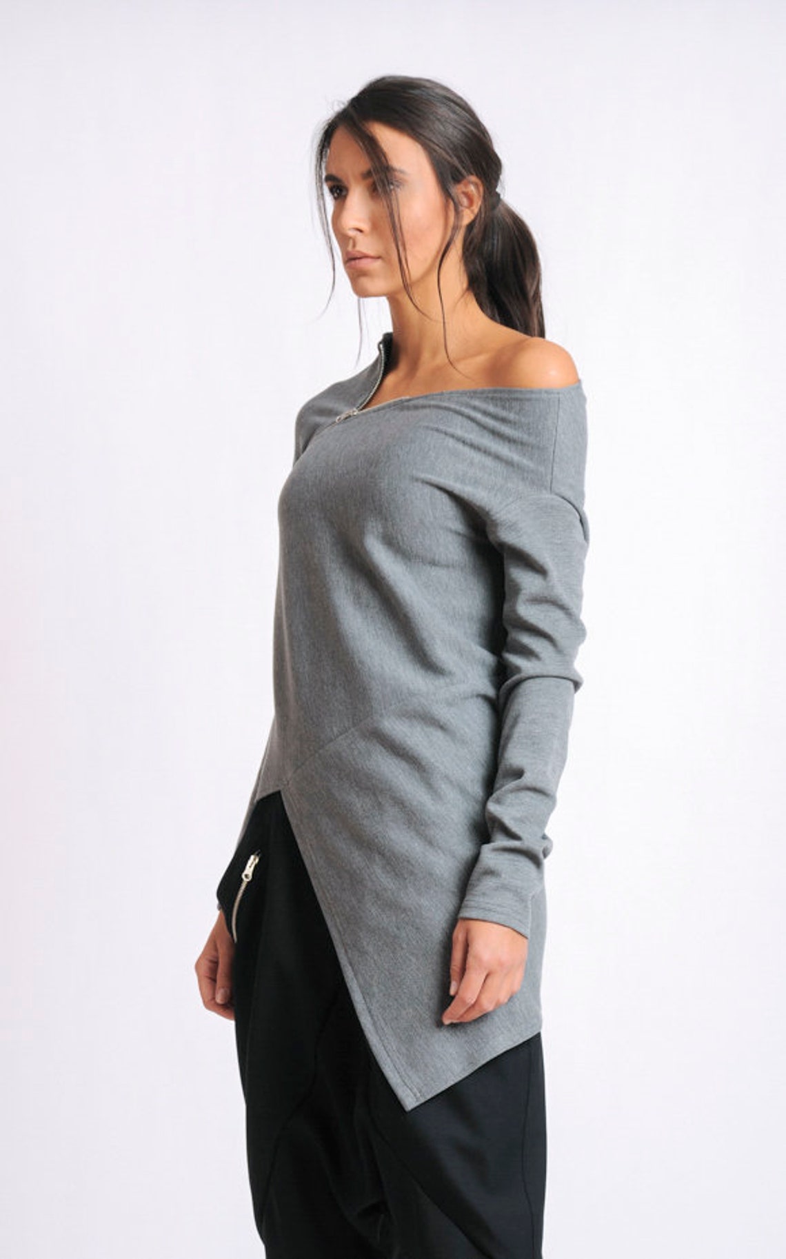 Grey Asymmetric Top/extravagant Casual Tunic/long Sleeve Blouse/open ...