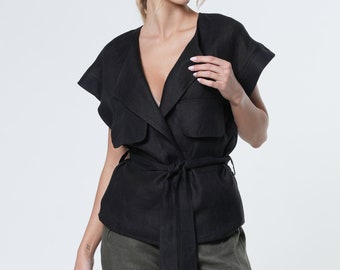 Linen Wrap Top with Long Belt