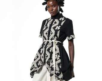 Draped Tunic Shirt with Embroidered Details and Rope Belt - Long Top With Ethno Motives METT0300