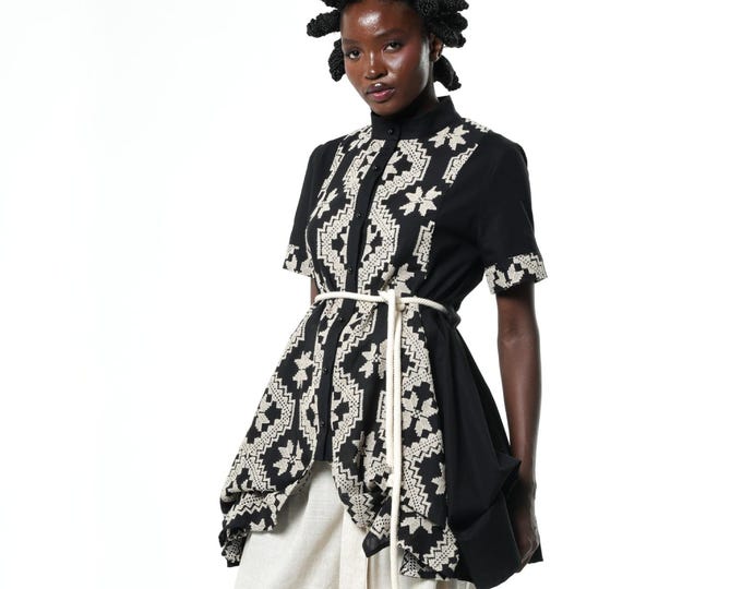 Draped Tunic Shirt with Embroidered Details and Rope Belt - Long Top With Ethno Motives METT0300