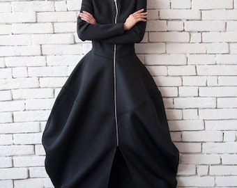 Black Victorian Dress / Long Dress Coat / Neoprene Coat / Bubble Dress / Neoprene Dress / Balloon Dress / Black Dress / Metamorphoza