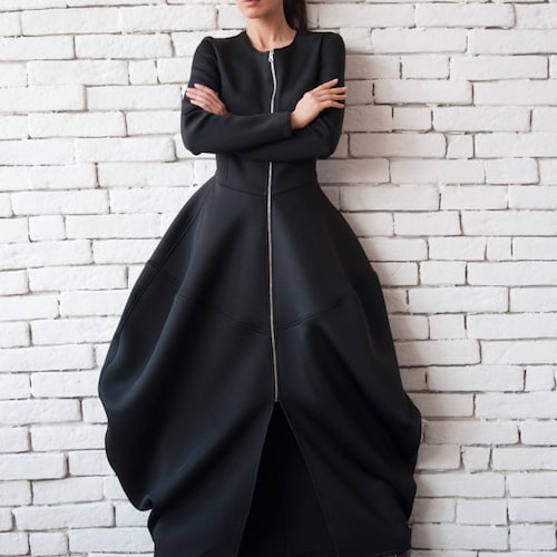 Black Victorian Dress / Long Dress Coat /Neoprene Coat / Bubble Dress / Neoprene Dress / Balloon Dress / Black Dress / Metamorphoza METD0070