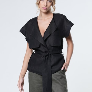 Linen Wrap Top / Linen Vest / Linen Top Women / Black Linen Top / Linen Blouse for Women / Boho Wrap Top / Avant Garde Clothing-METT0247