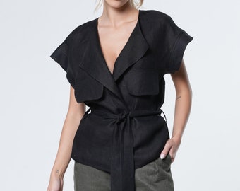Linen Wrap Top / Linen Vest / Linen Top Women / Black Linen Top / Linen Blouse for Women / Boho Wrap Top / Avant Garde Clothing-METT0247