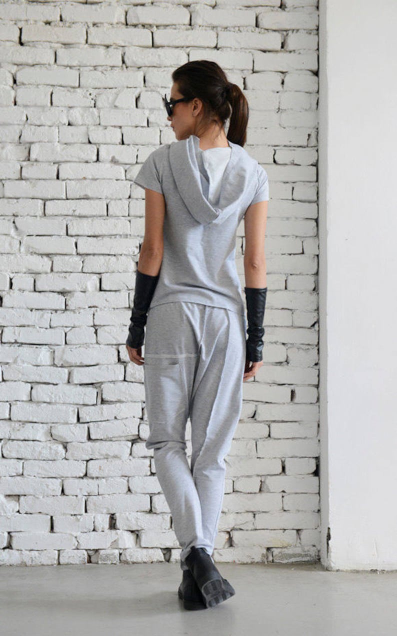 Light Grey Sport Set/Loose Two Piece/Asymmetric Tunic/Drop Crotch Pants/Hooded Tunic/Grey Casual Suit/Short Sleeve Hoodie METJ0005 image 4