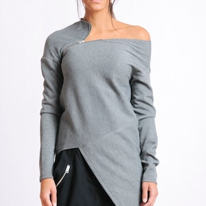 Grey Asymmetric Top/Extravagant Casual Tunic/Long Sleeve Blouse/Open Shoulder Top/Loose Top/Modern Zipper Top/Naked Shoulder Tunic METT0120