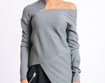 Grey Asymmetric Top/Extravagant Casual Tunic/Long Sleeve Blouse/Open Shoulder Top/Loose Top/Modern Zipper Top/Naked Shoulder Tunic METT0120