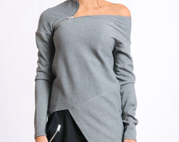 Grey Asymmetric Top/Extravagant Casual Tunic/Long Sleeve Blouse/Open Shoulder Top/Loose Top/Modern Zipper Top/Naked Shoulder Tunic METT0120