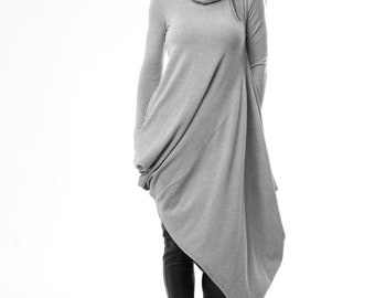 Turtle Neck jurk/grijze Midi jurk/lange tuniekjurk/gebreide jurk/coltrui tuniek/tuniek met lange mouwen/grijze tuniek